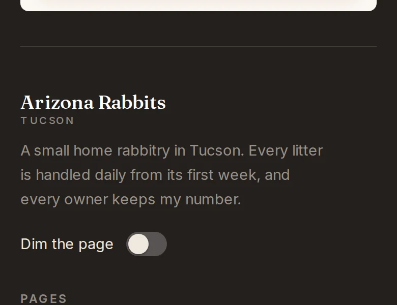 After: the bottom of the front page, with a Dim the page switch under the name.