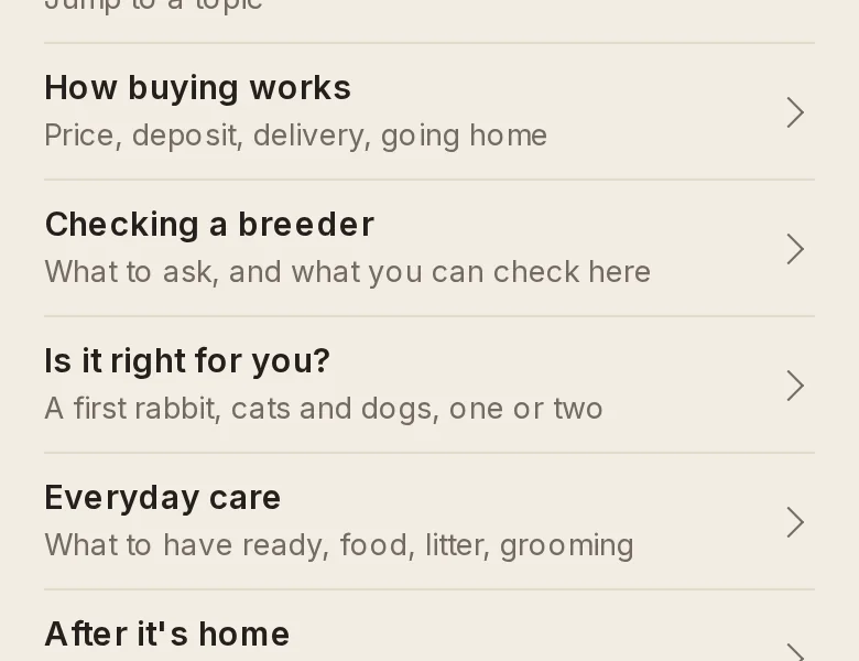 After: the same section opening with five topics, from How buying works to After it's home, each with what it covers.