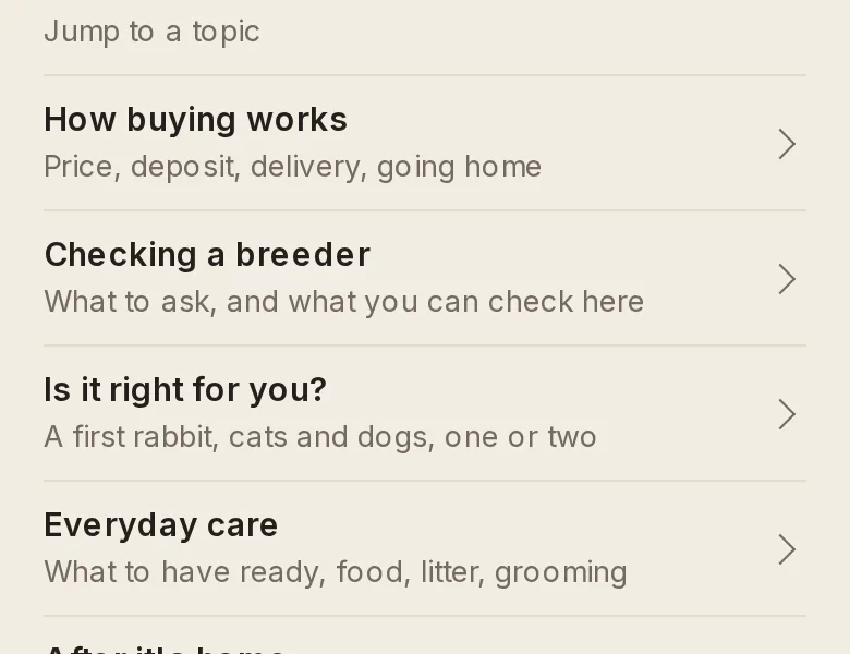 Before: the questions section on a phone, a list of the five topics above every question, the first one open.